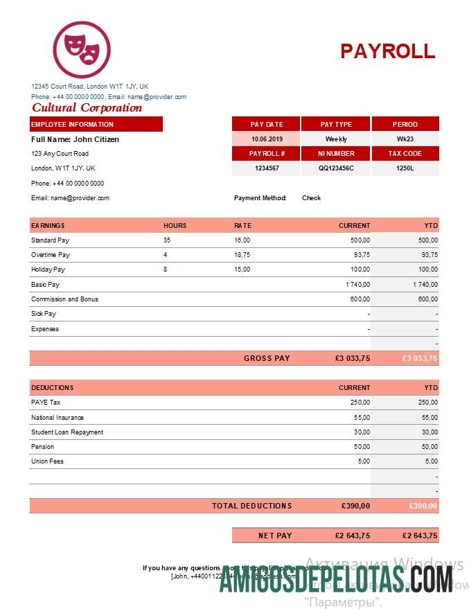 Em branco Modelo de folha de pagamento da Cultural Corporation em formatos Excel e PDF